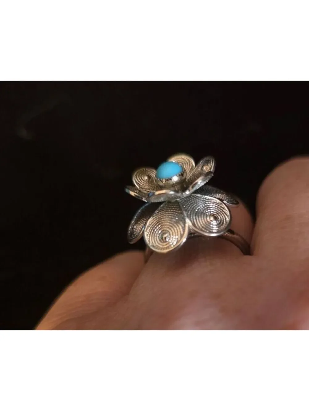 Vintage 1970s Sarah Coventry Silver Flower Filigree Ring with Turquoise Cabochon